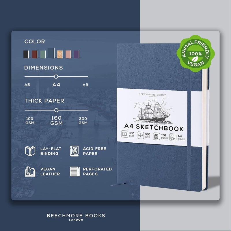 Beechmore Books دفتر رسم A4 – 8.5x11 جلد نباتي فاخر كبير مع 156 صفحة سميكة 160gsm بيج كريم مثقبة، دفتر رسم فارغ، مع علبة هدايا، جيب خلفي، علامة مرجعية من الشريط - Image 2